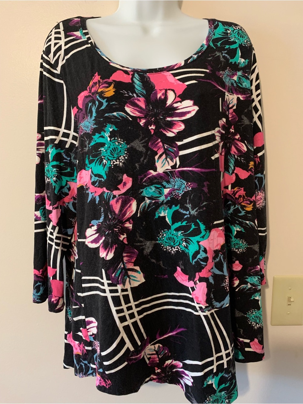 JM Collection Black Floral Scoop Neck Long Sleeve Top with Teal & Pink Accents